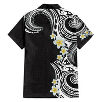 Aloha Polynesian Plumeria Flower Family Matching Short Sleeve Bodycon Dress and Hawaiian Shirt Black White Color