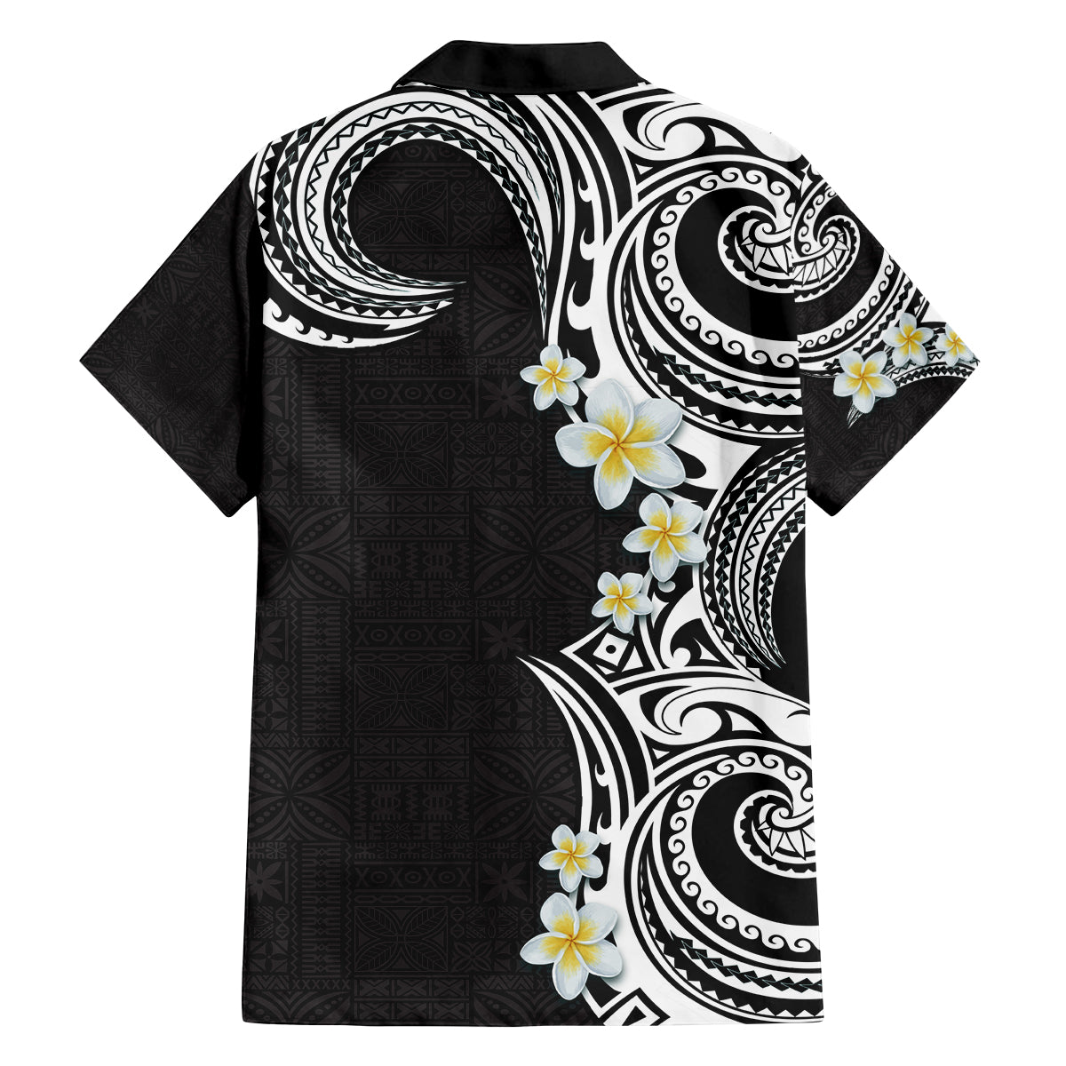 Aloha Polynesian Plumeria Flower Family Matching Summer Maxi Dress and Hawaiian Shirt Black White Color