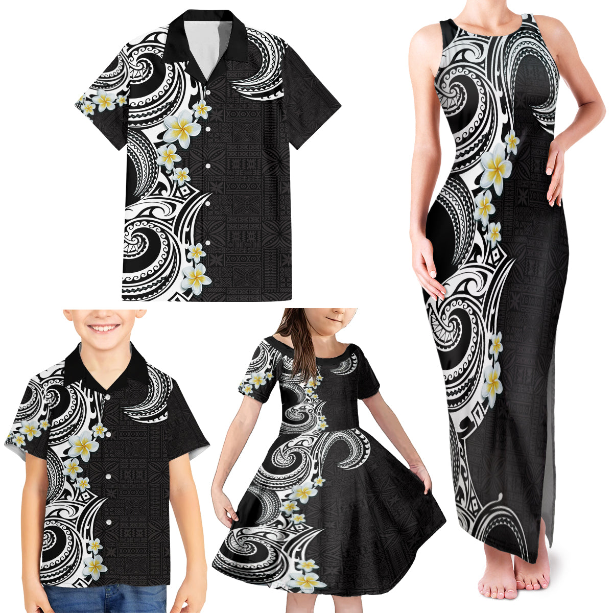 Aloha Polynesian Plumeria Flower Family Matching Tank Maxi Dress and Hawaiian Shirt Black White Color