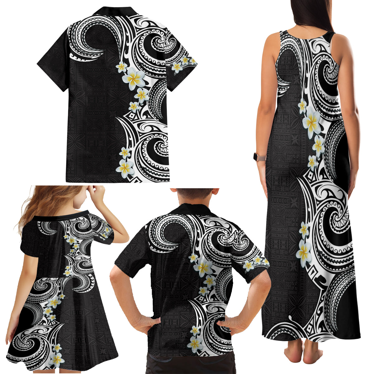 Aloha Polynesian Plumeria Flower Family Matching Tank Maxi Dress and Hawaiian Shirt Black White Color