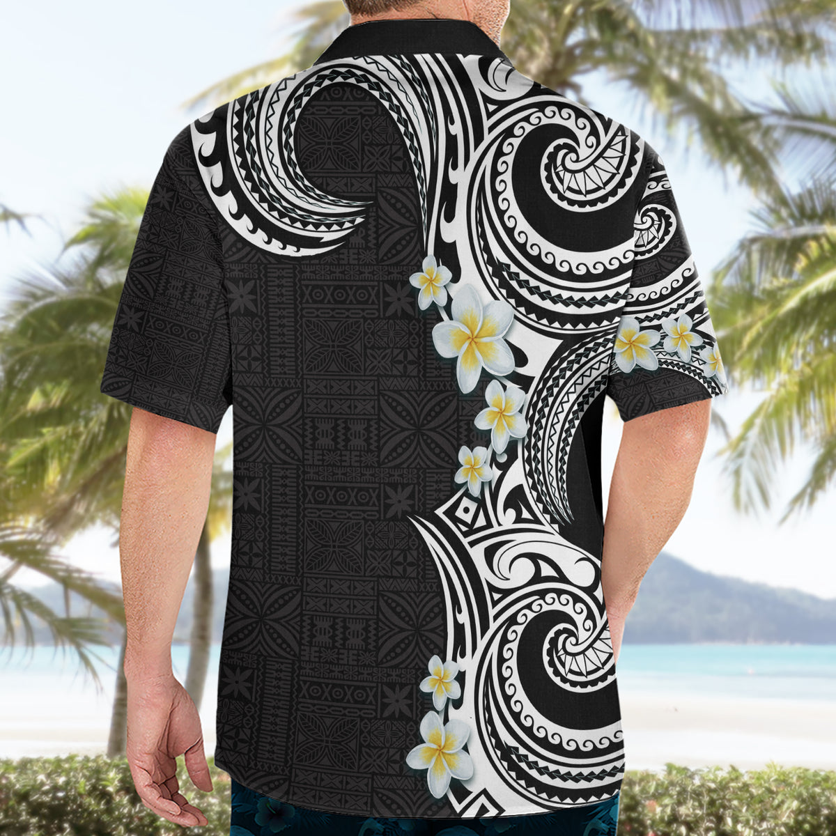 Aloha Polynesian Plumeria Flower Hawaiian Shirt Black White Color