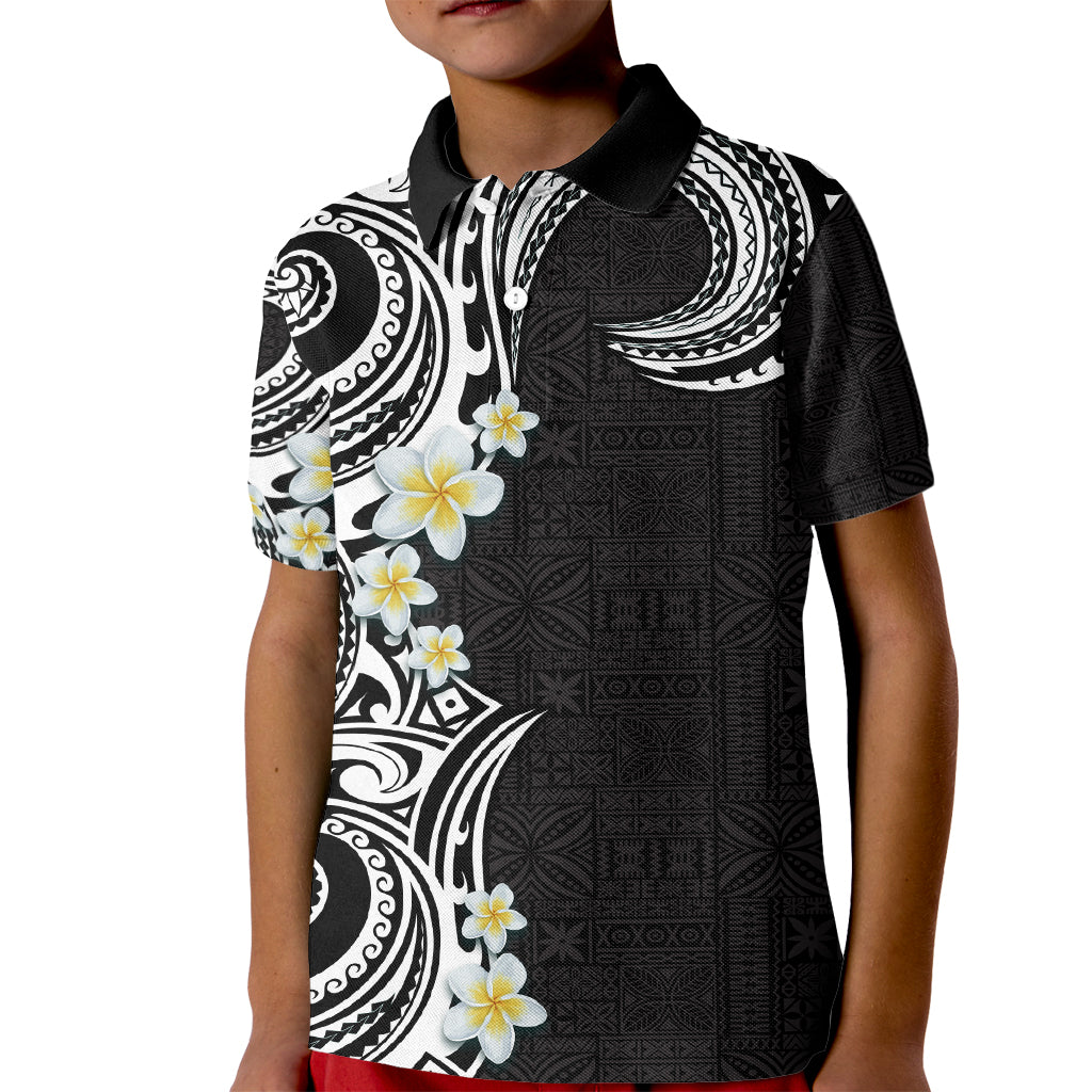 Aloha Polynesian Plumeria Flower Kid Polo Shirt Black White Color