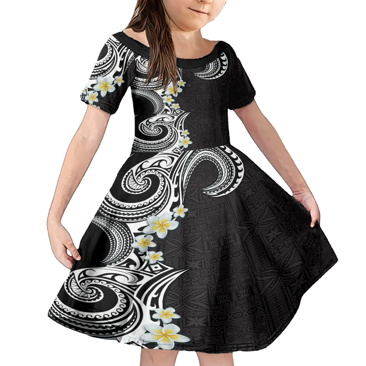 Aloha Polynesian Plumeria Flower Kid Short Sleeve Dress Black White Color