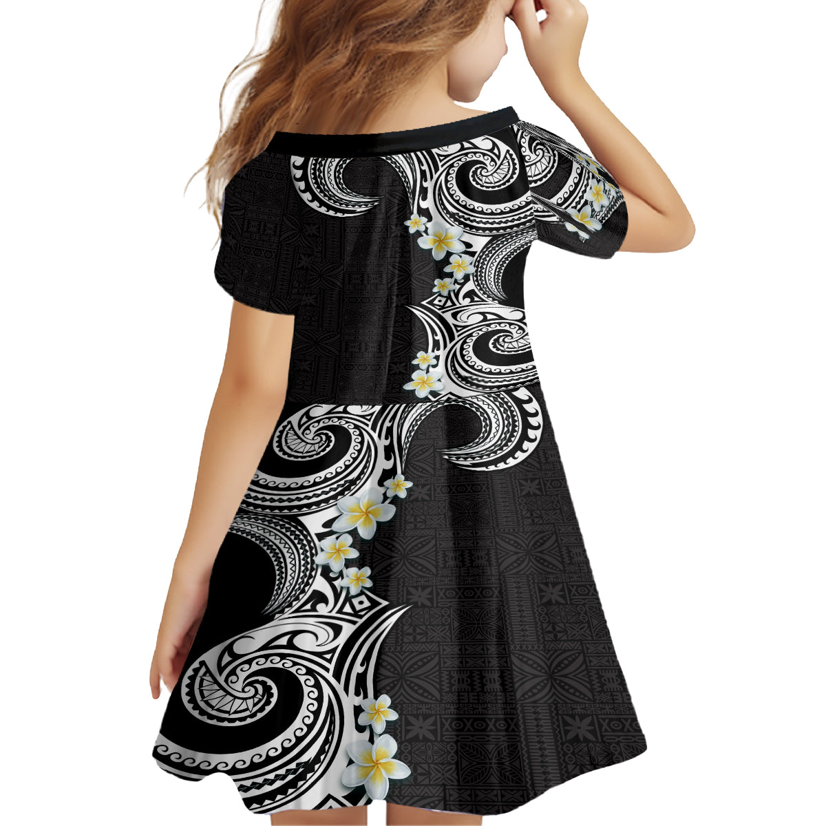 Aloha Polynesian Plumeria Flower Kid Short Sleeve Dress Black White Color