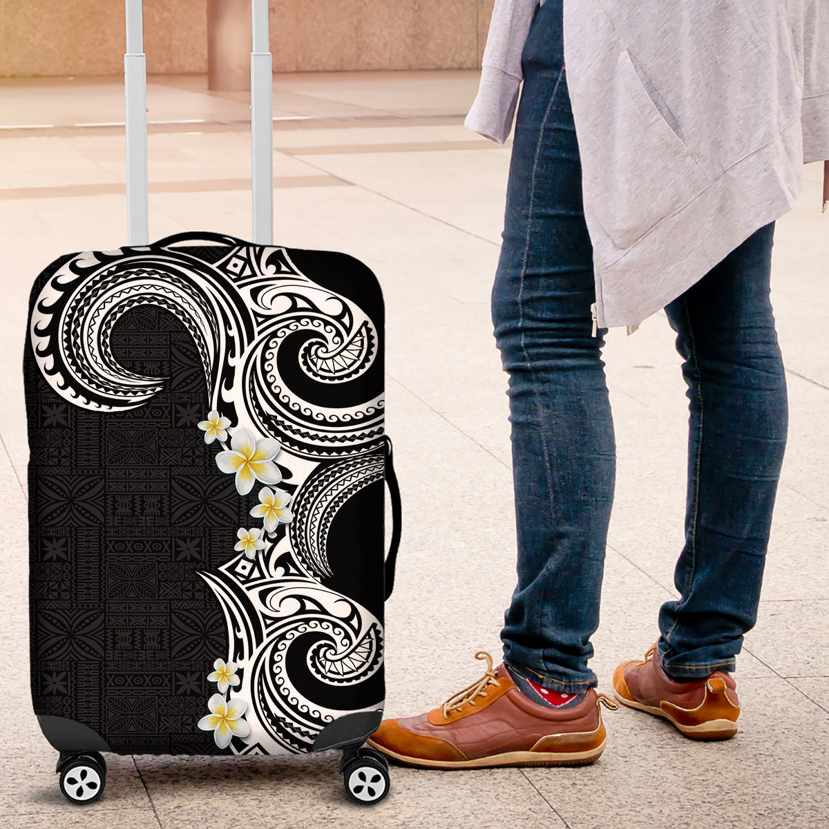Aloha Polynesian Plumeria Flower Luggage Cover Black White Color
