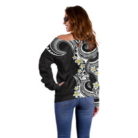 Aloha Polynesian Plumeria Flower Off Shoulder Sweater Black White Color