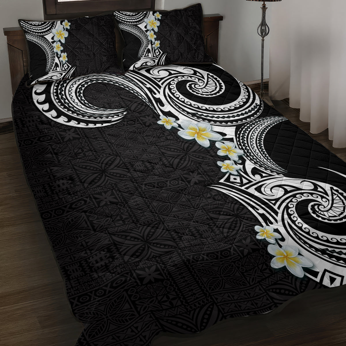 Aloha Polynesian Plumeria Flower Quilt Bed Set Black White Color