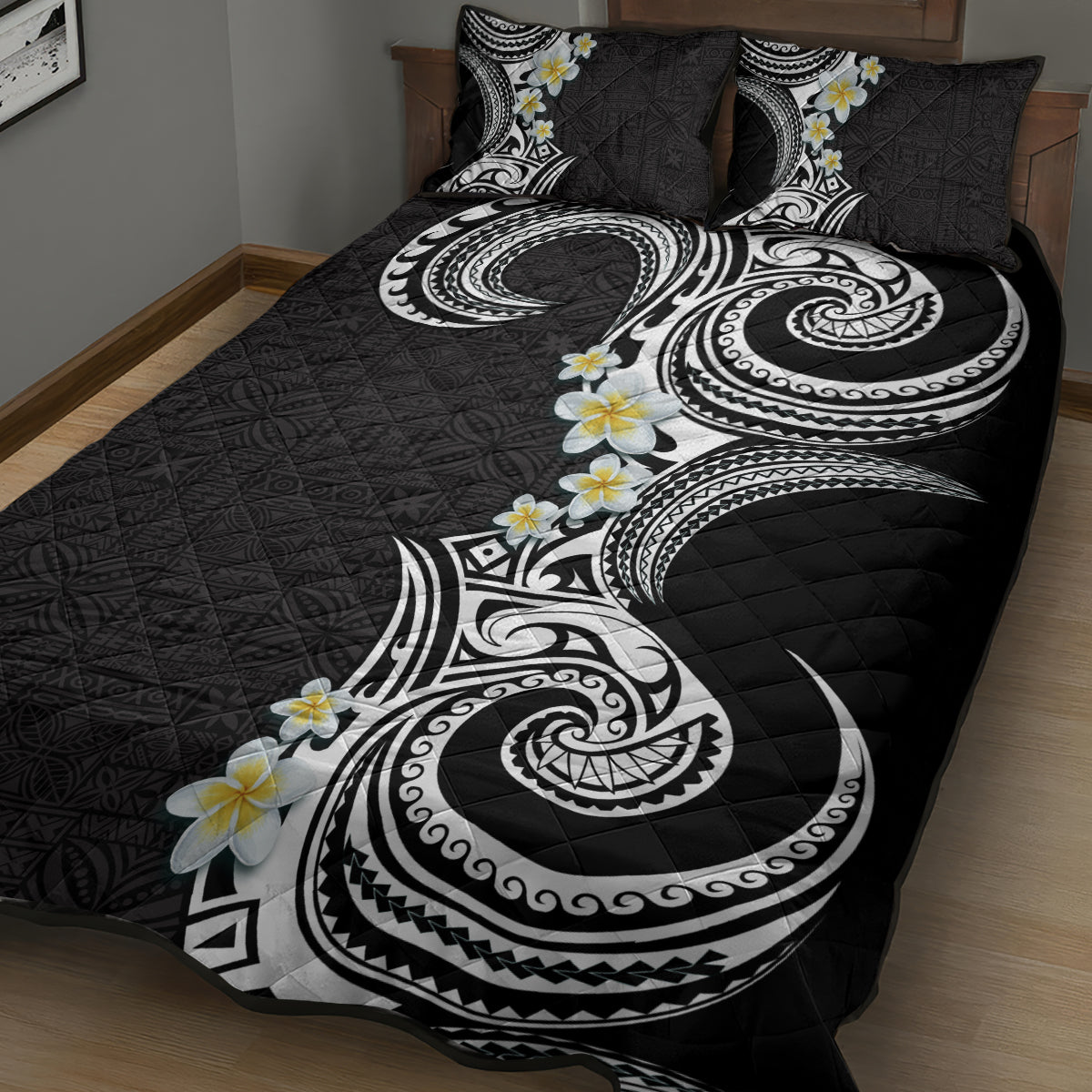 Aloha Polynesian Plumeria Flower Quilt Bed Set Black White Color