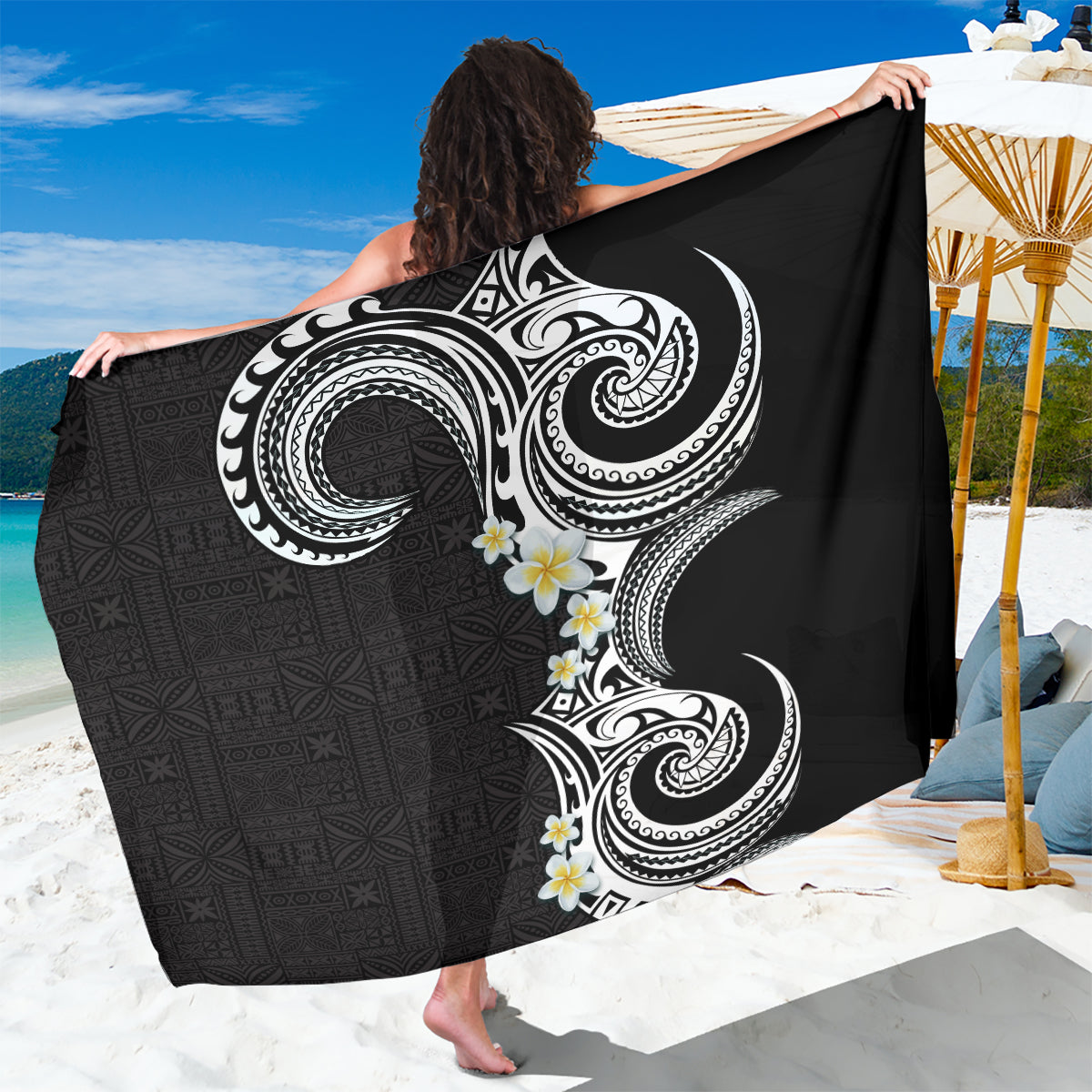 Aloha Polynesian Plumeria Flower Sarong Black White Color
