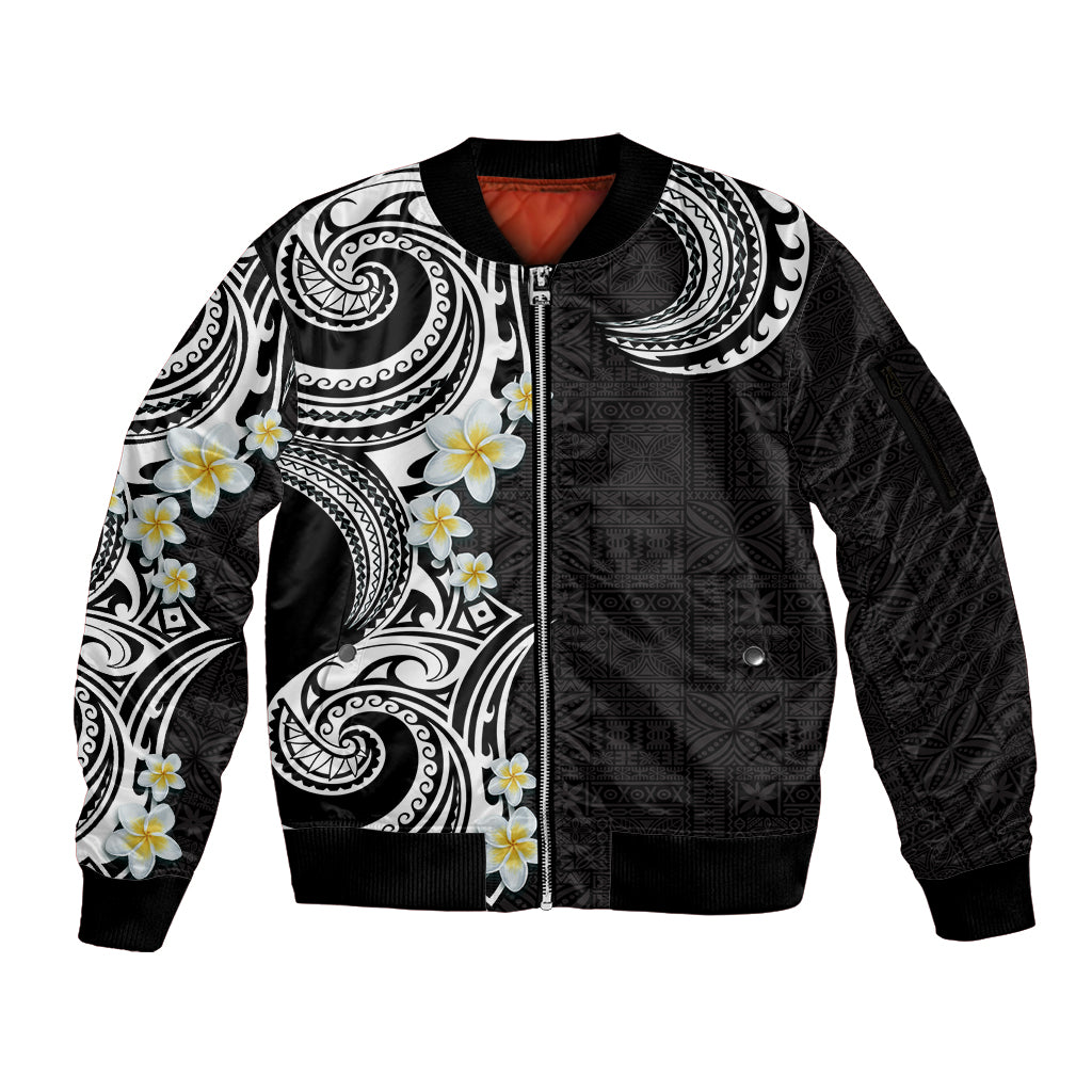 Aloha Polynesian Plumeria Flower Sleeve Zip Bomber Jacket Black White Color