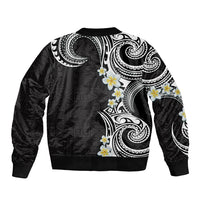 Aloha Polynesian Plumeria Flower Sleeve Zip Bomber Jacket Black White Color