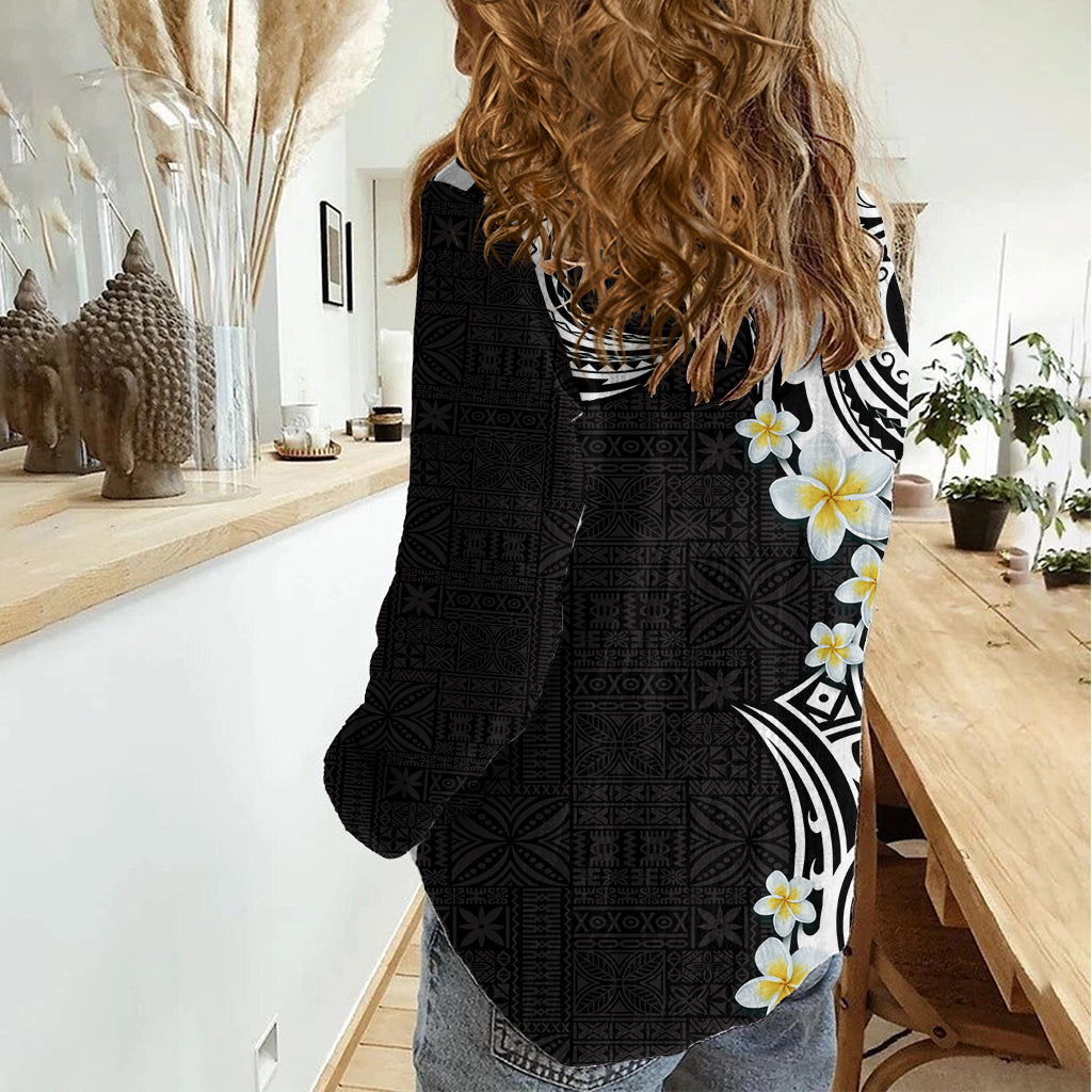Aloha Polynesian Plumeria Flower Women Casual Shirt Black White Color LT03 - Polynesian Pride