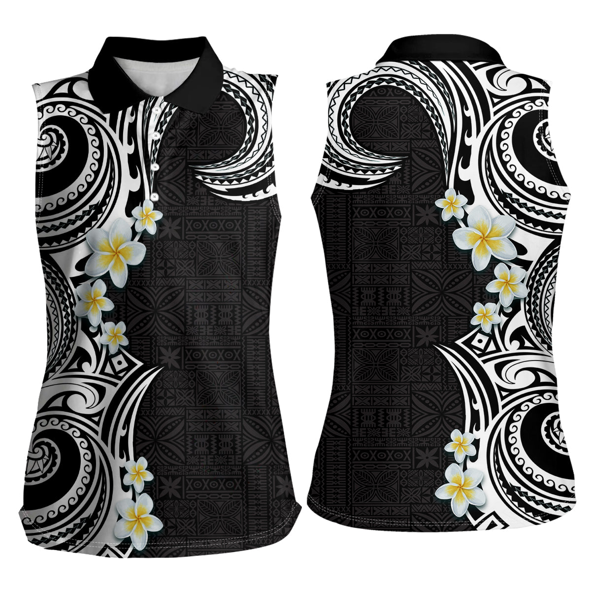 Aloha Polynesian Plumeria Flower Women Sleeveless Polo Shirt Black White Color LT03 - Polynesian Pride
