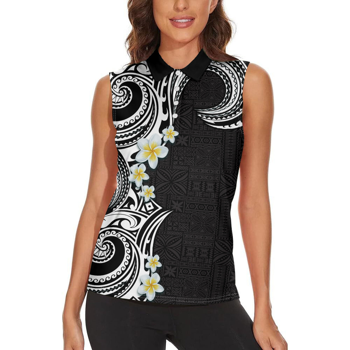 Aloha Polynesian Plumeria Flower Women Sleeveless Polo Shirt Black White Color LT03 - Polynesian Pride