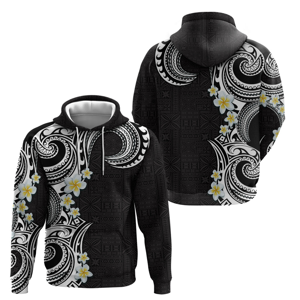 Aloha Polynesian Plumeria Flower Zip Hoodie Black White Color