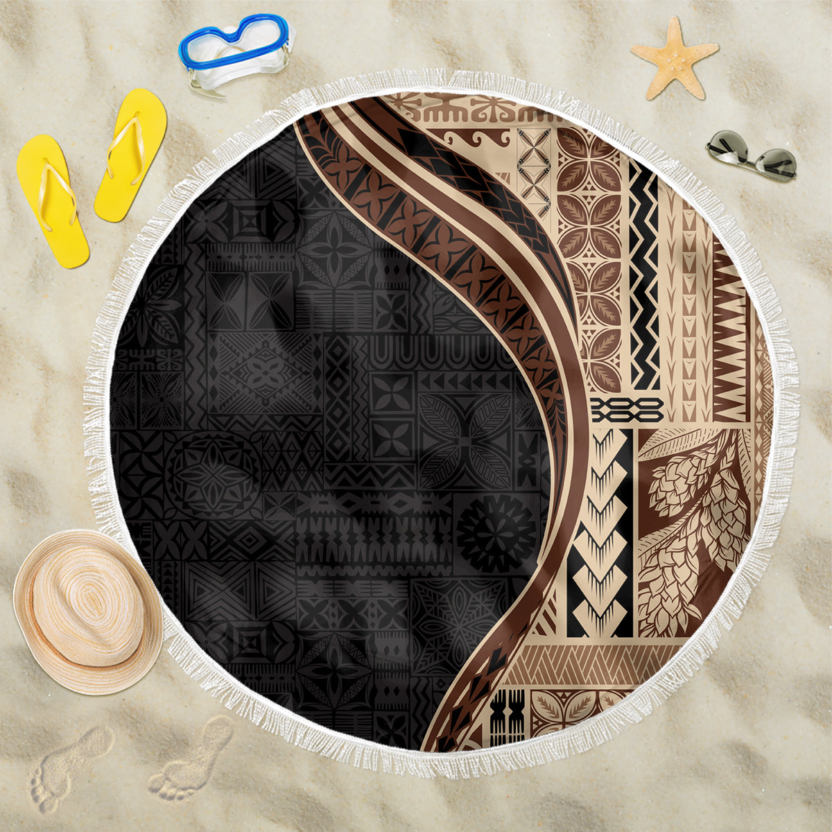 Samoa Siapo Motif and Tapa Pattern Half Style Beach Blanket Beige Color LT03 One Size 150cm Beige - Polynesian Pride