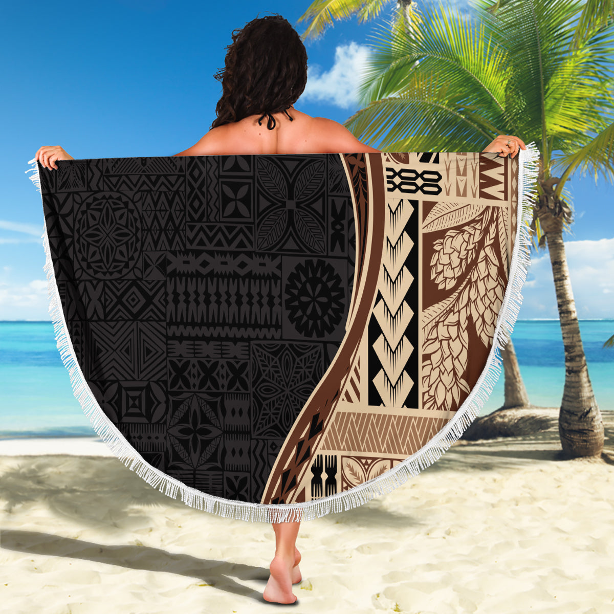 Samoa Siapo Motif and Tapa Pattern Half Style Beach Blanket Beige Color LT03 - Polynesian Pride