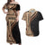 Samoa Siapo Motif and Tapa Pattern Half Style Couples Matching Off Shoulder Maxi Dress and Hawaiian Shirt Beige Color