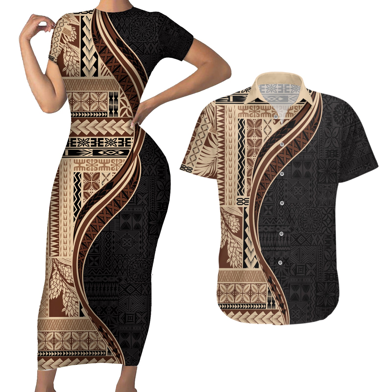 Samoa Siapo Motif and Tapa Pattern Half Style Couples Matching Short Sleeve Bodycon Dress and Hawaiian Shirt Beige Color