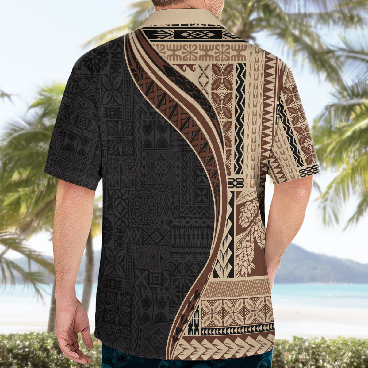 Samoa Siapo Motif and Tapa Pattern Half Style Hawaiian Shirt Beige Color