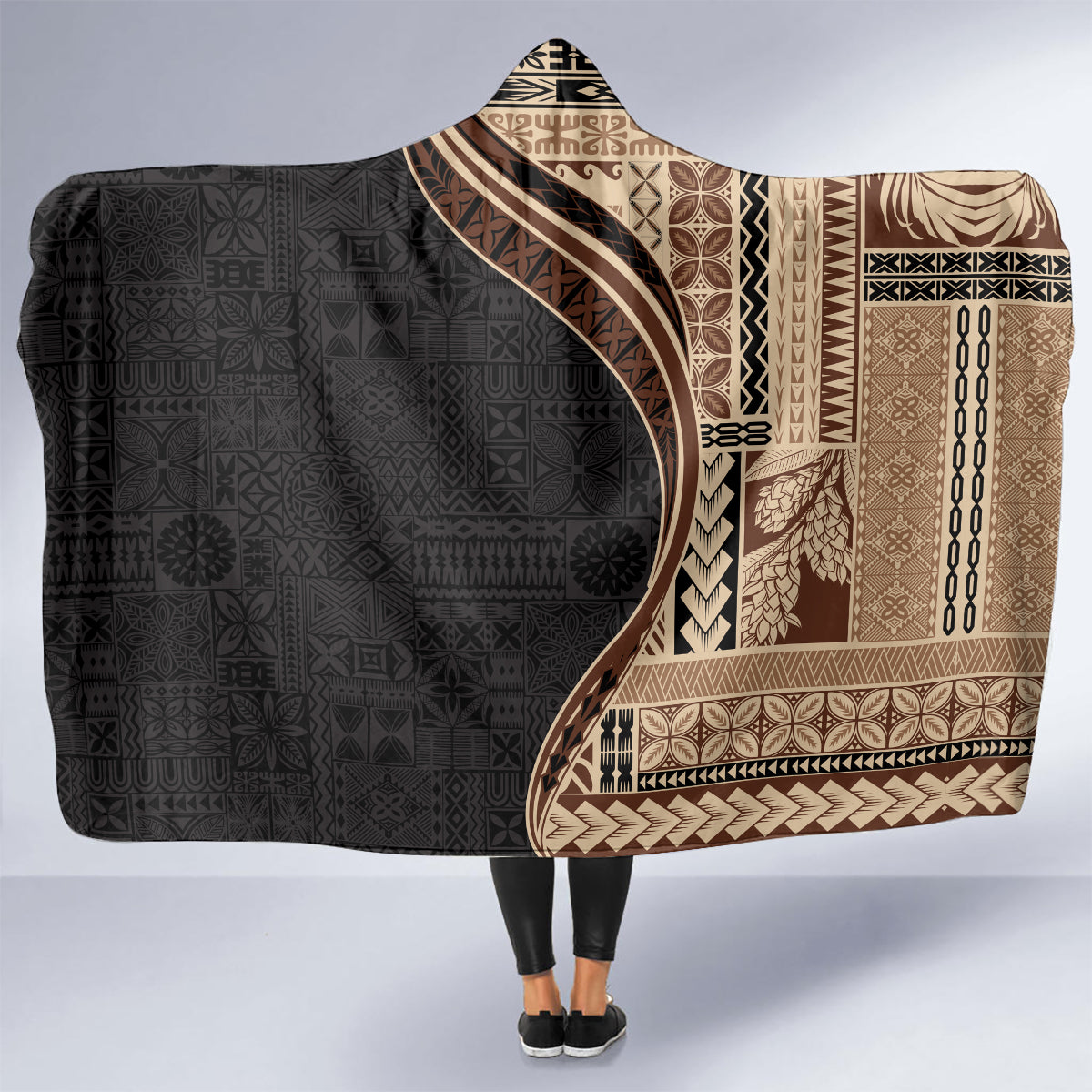 Samoa Siapo Motif and Tapa Pattern Half Style Hooded Blanket Beige Color LT03 - Polynesian Pride