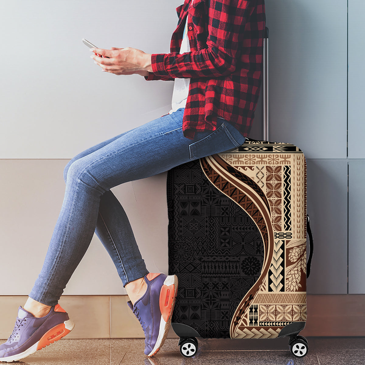 Samoa Siapo Motif and Tapa Pattern Half Style Luggage Cover Beige Color LT03 - Polynesian Pride