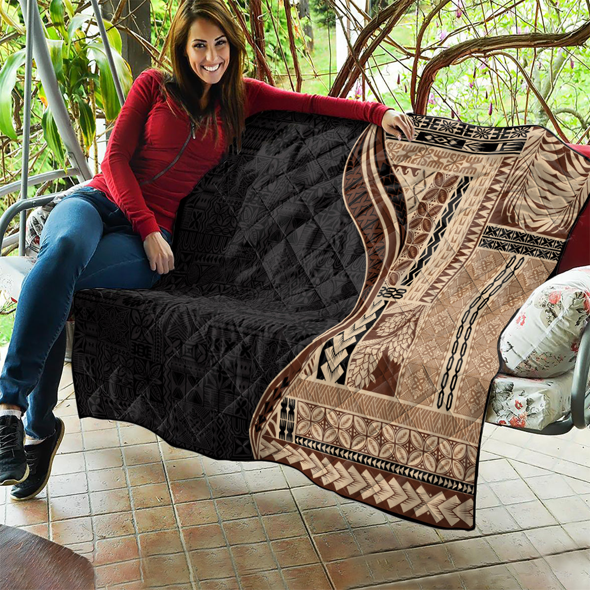 Samoa Siapo Motif and Tapa Pattern Half Style Quilt Beige Color LT03 - Polynesian Pride