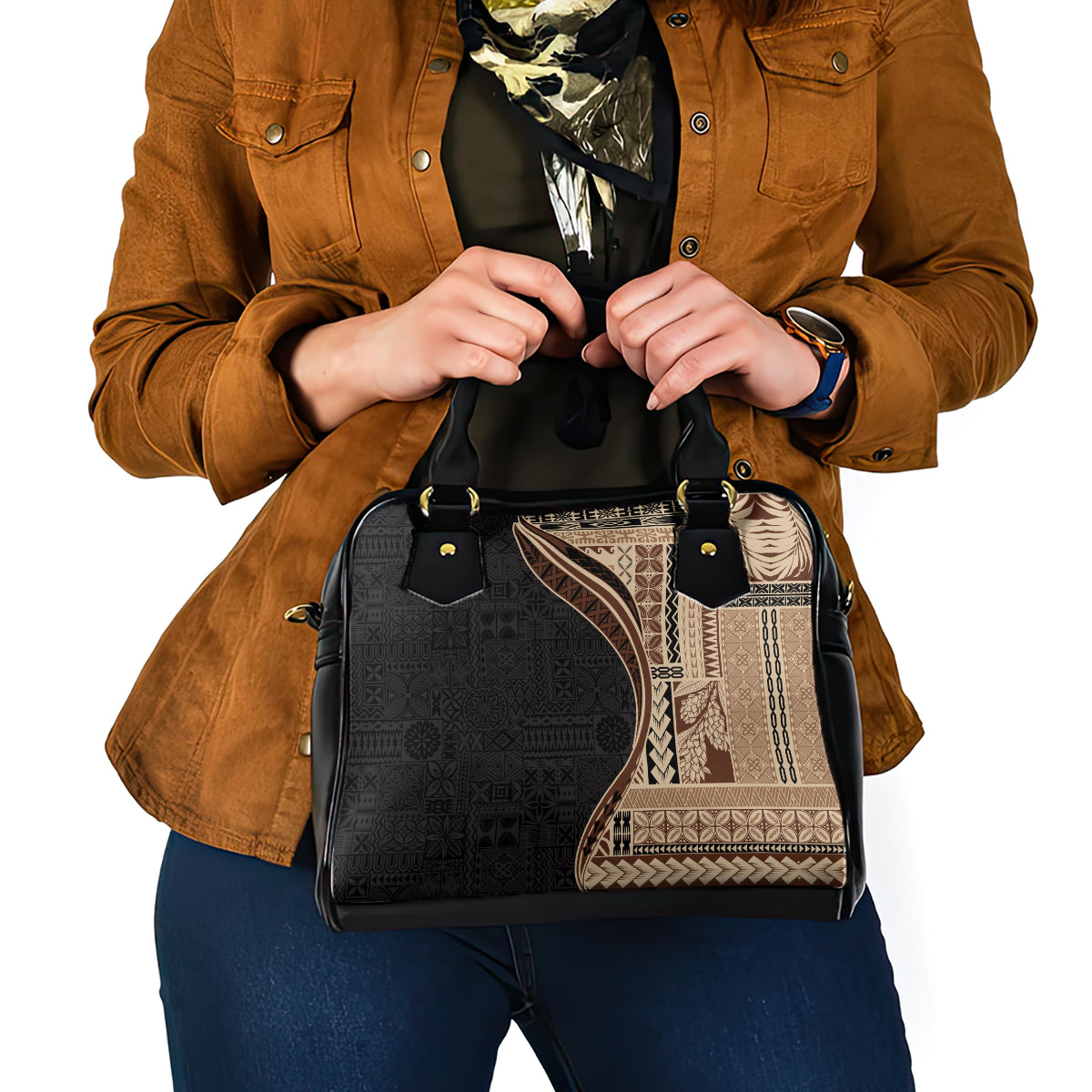 Samoa Siapo Motif and Tapa Pattern Half Style Shoulder Handbag Beige Color LT03 - Polynesian Pride
