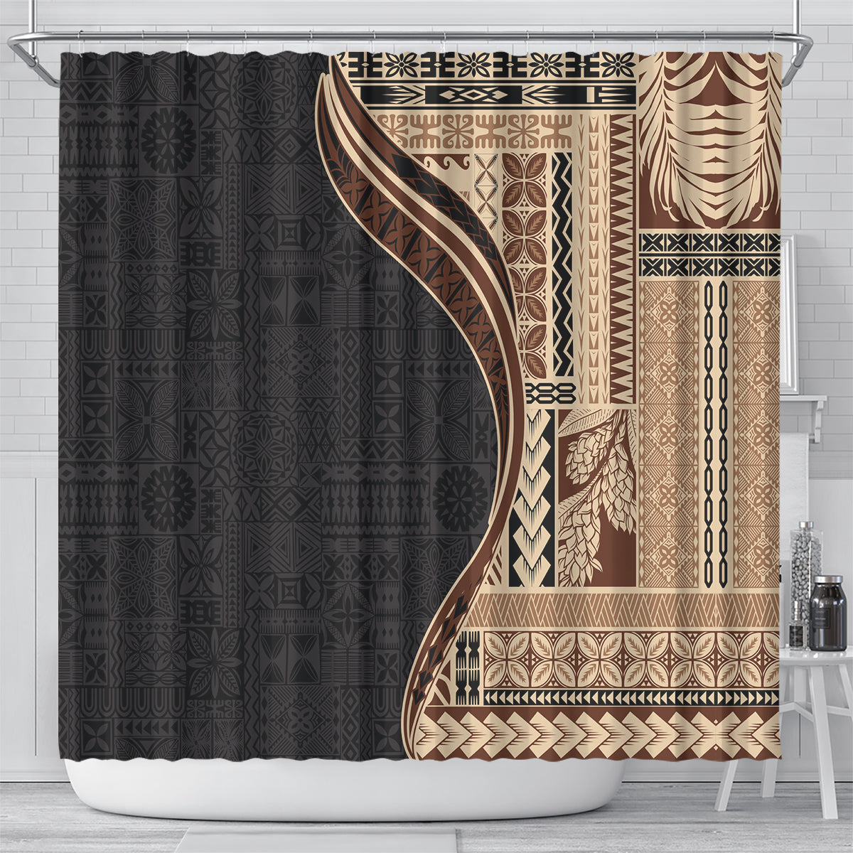 Samoa Siapo Motif and Tapa Pattern Half Style Shower Curtain Beige Color LT03 - Polynesian Pride