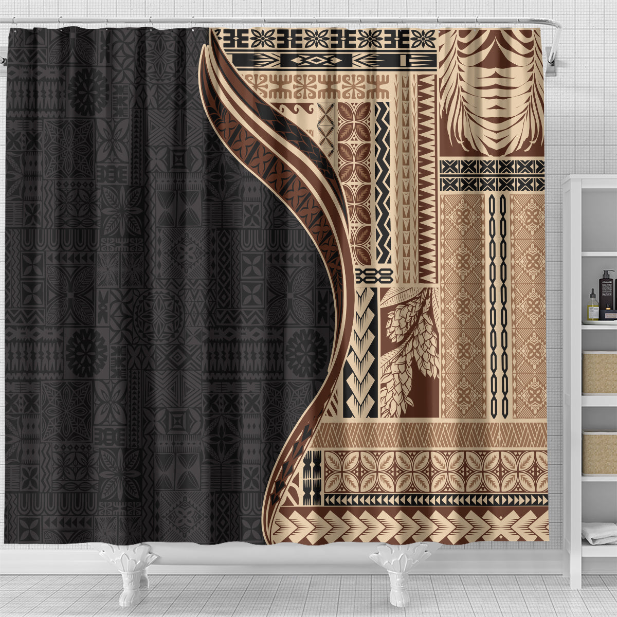 Samoa Siapo Motif and Tapa Pattern Half Style Shower Curtain Beige Color LT03 - Polynesian Pride