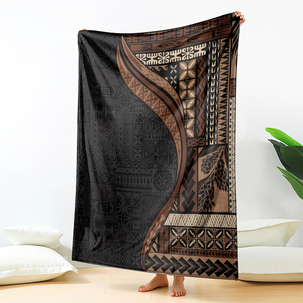 Samoa Siapo Motif and Tapa Pattern Half Style Blanket Black Color LT03 - Polynesian Pride