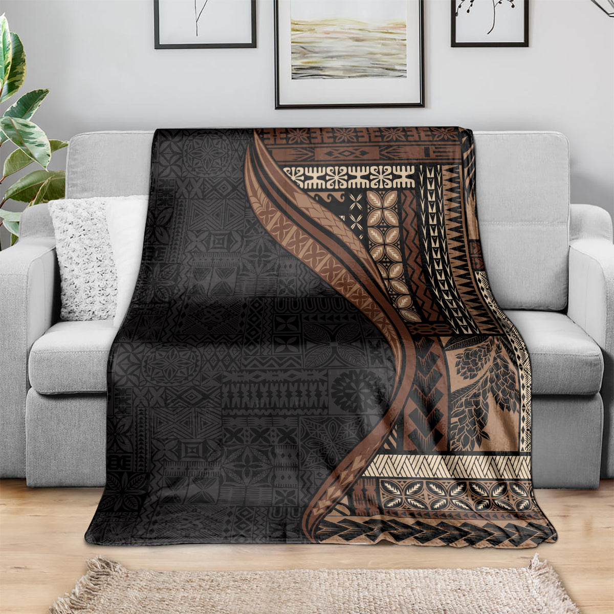Samoa Siapo Motif and Tapa Pattern Half Style Blanket Black Color LT03 - Polynesian Pride