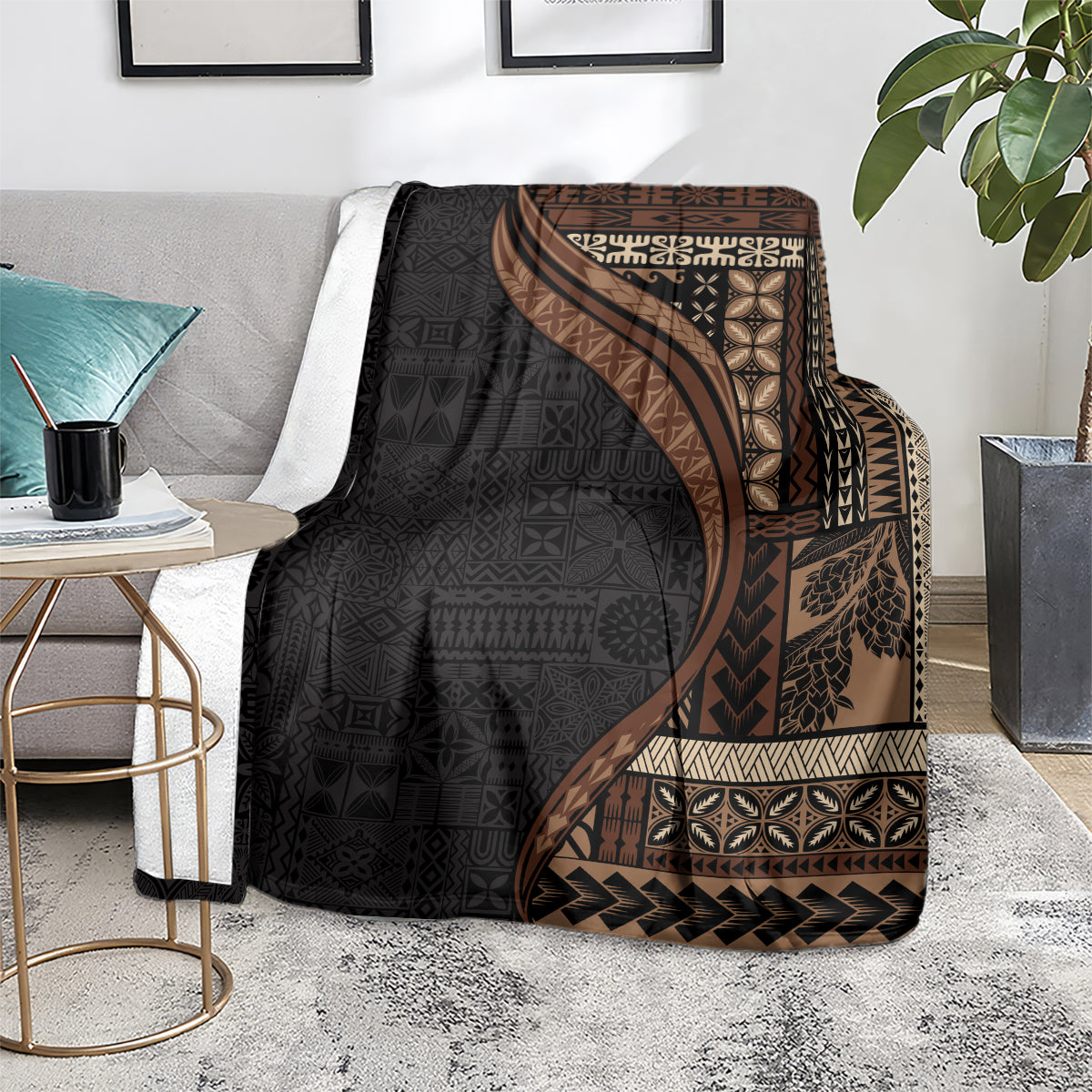 Samoa Siapo Motif and Tapa Pattern Half Style Blanket Black Color LT03 - Polynesian Pride