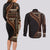Samoa Siapo Motif and Tapa Pattern Half Style Couples Matching Long Sleeve Bodycon Dress and Long Sleeve Button Shirt Black Color