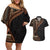 Samoa Siapo Motif and Tapa Pattern Half Style Couples Matching Off Shoulder Short Dress and Hawaiian Shirt Black Color