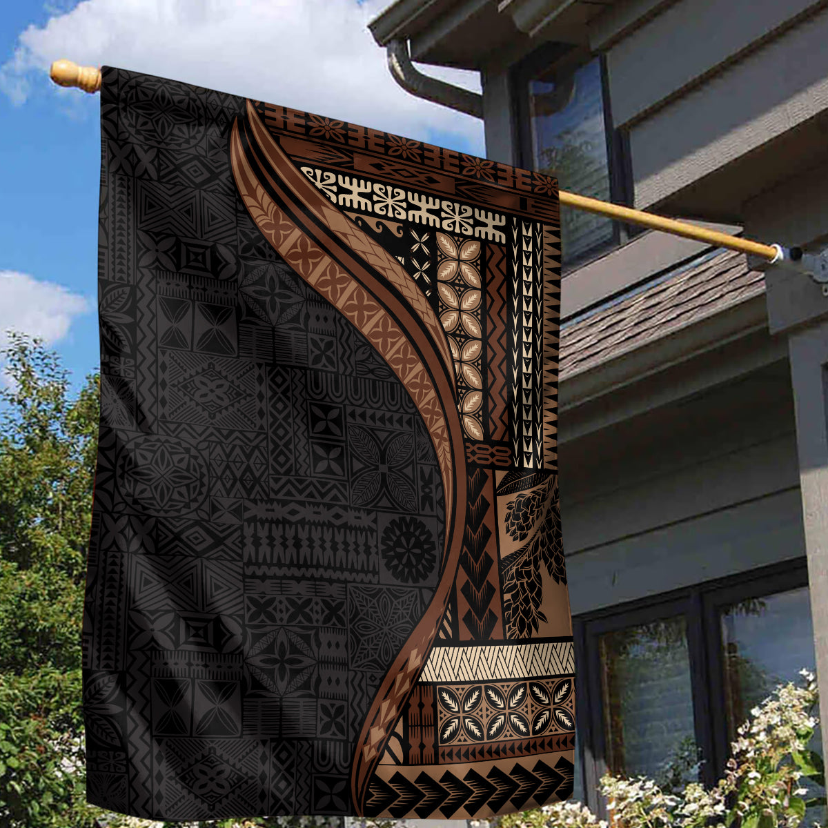 Samoa Siapo Motif and Tapa Pattern Half Style Garden Flag Black Color
