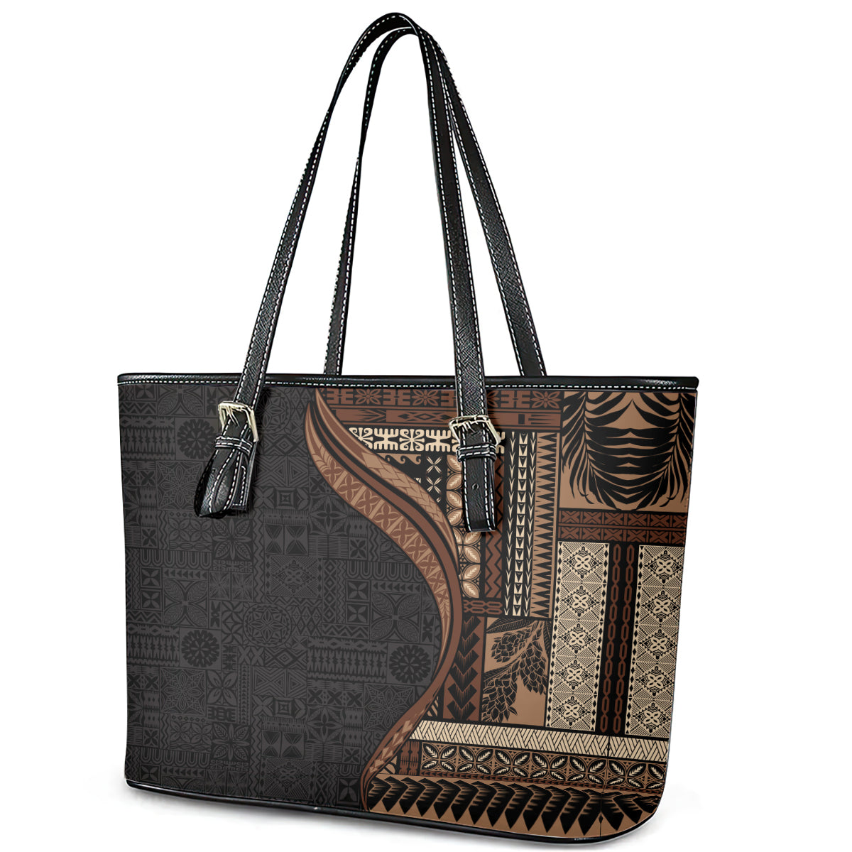 Samoa Siapo Motif and Tapa Pattern Half Style Leather Tote Bag Black Color LT03 - Polynesian Pride