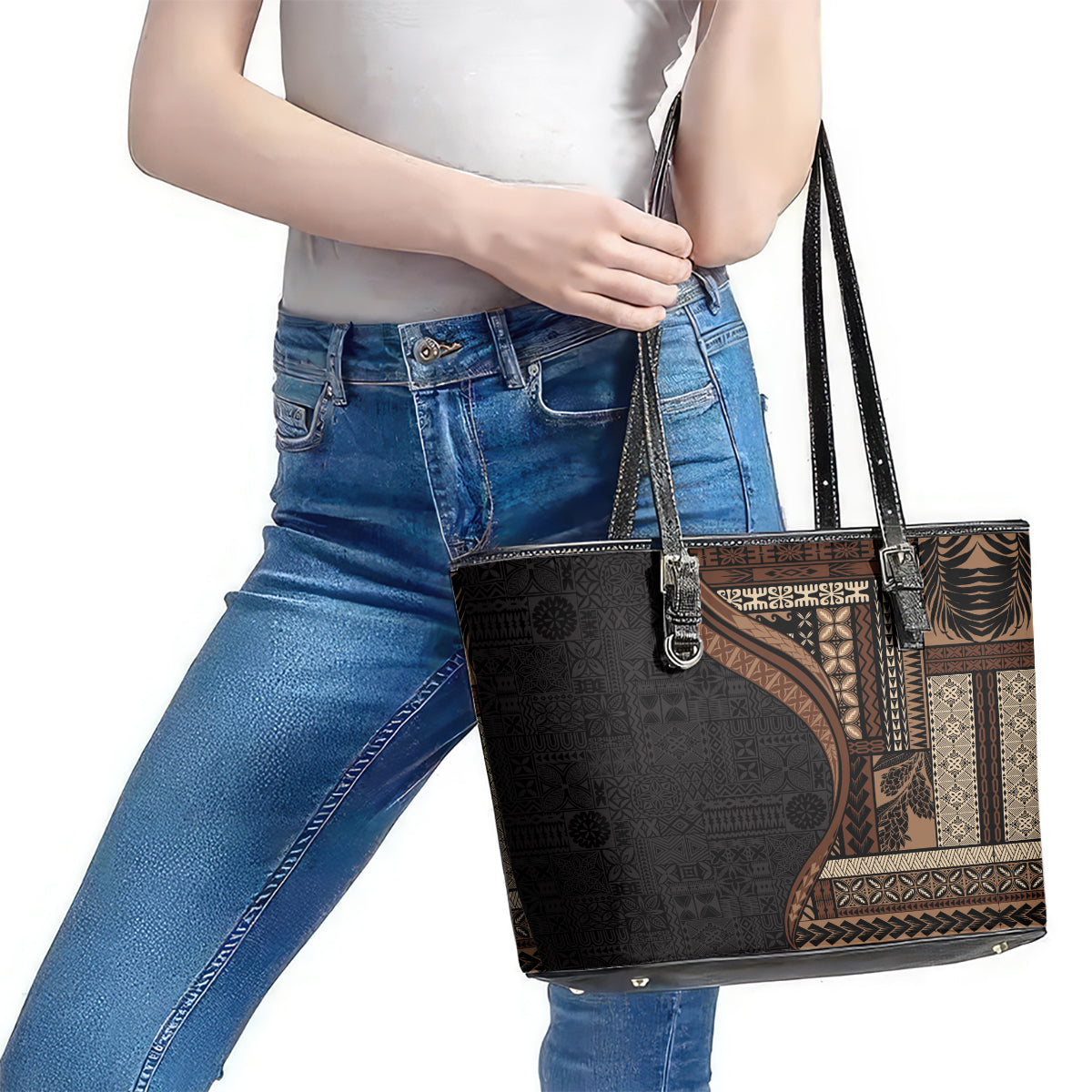 Samoa Siapo Motif and Tapa Pattern Half Style Leather Tote Bag Black Color LT03 - Polynesian Pride