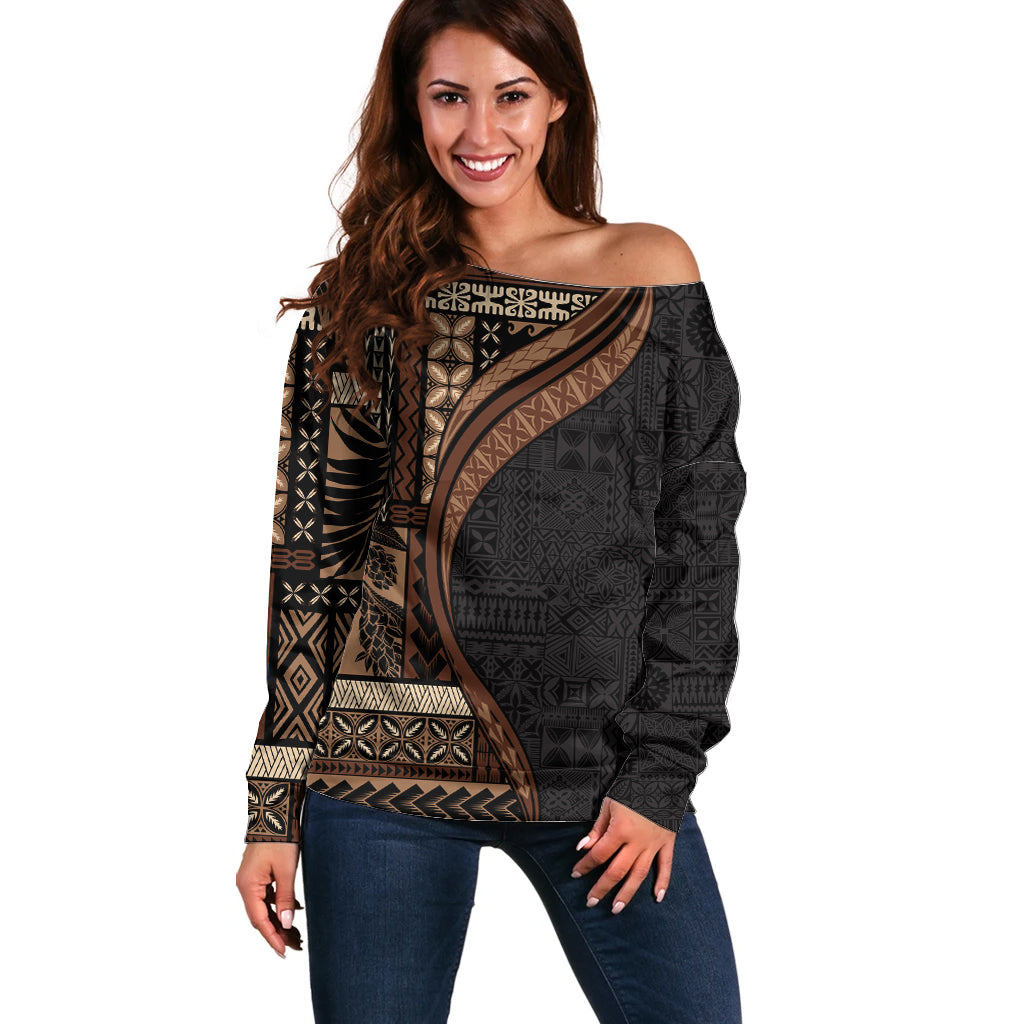 Samoa Siapo Motif and Tapa Pattern Half Style Off Shoulder Sweater Black Color