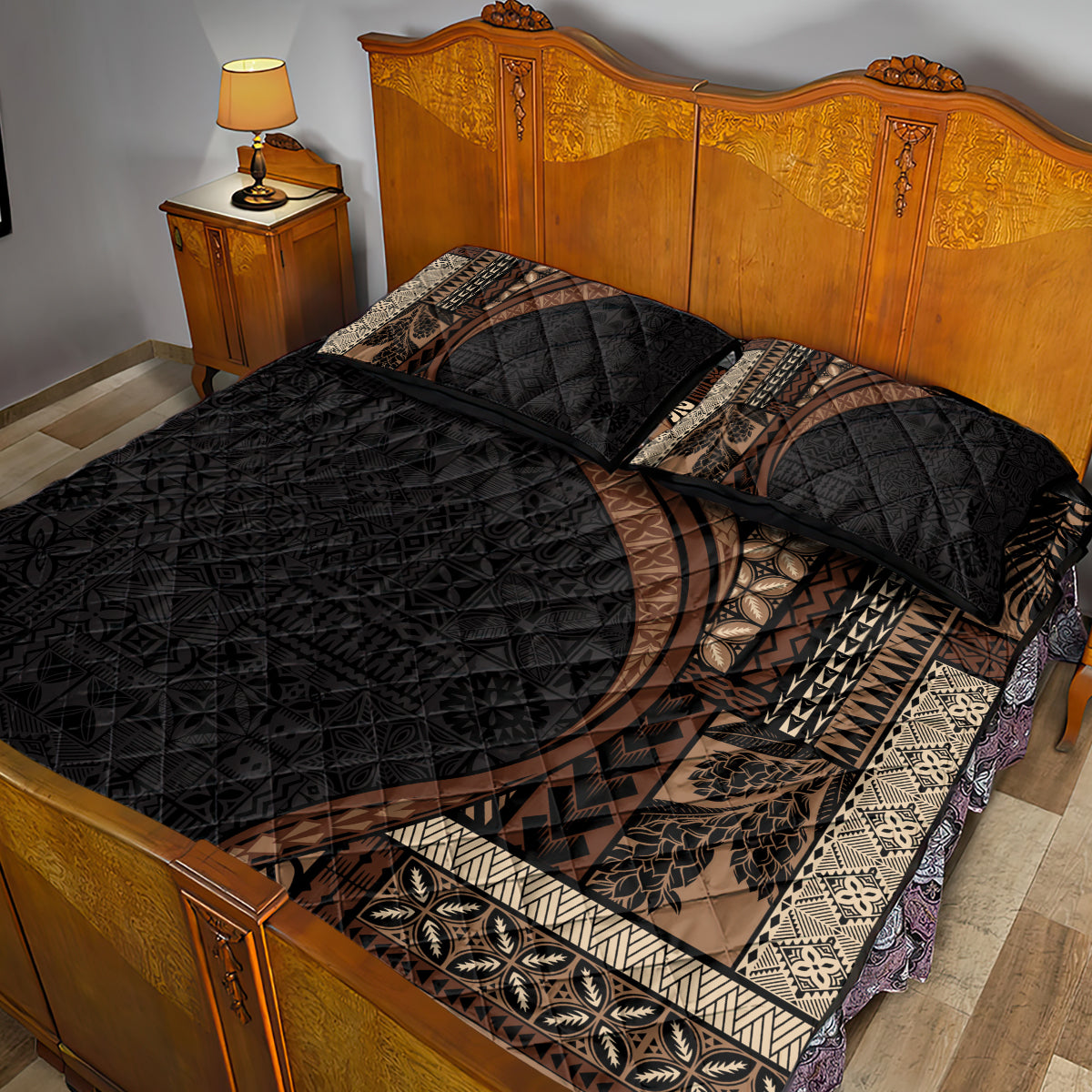 Samoa Siapo Motif and Tapa Pattern Half Style Quilt Bed Set Black Color LT03 - Polynesian Pride
