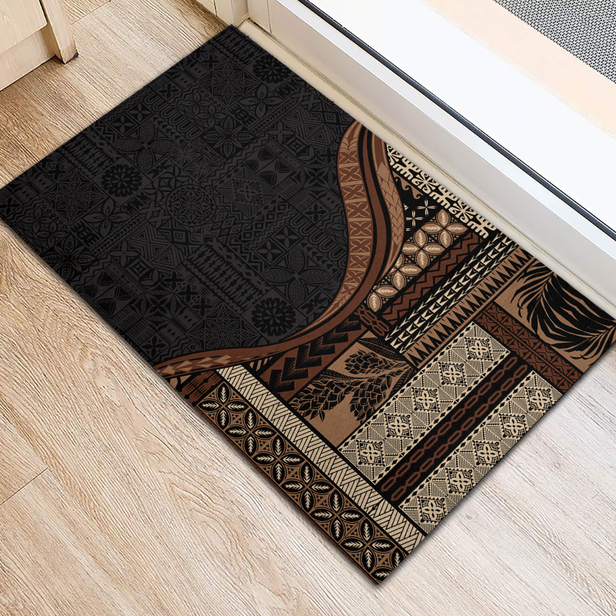 Samoa Siapo Motif and Tapa Pattern Half Style Rubber Doormat Black Color LT03 - Polynesian Pride