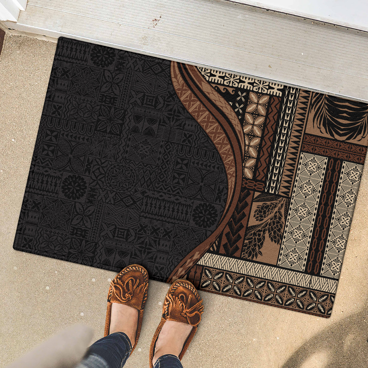 Samoa Siapo Motif and Tapa Pattern Half Style Rubber Doormat Black Color LT03 - Polynesian Pride