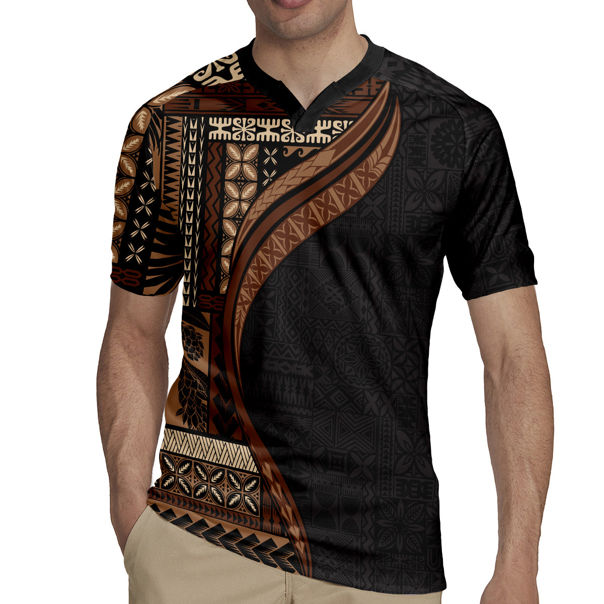 Samoa Siapo Motif and Tapa Pattern Half Style Rugby Jersey Black Color