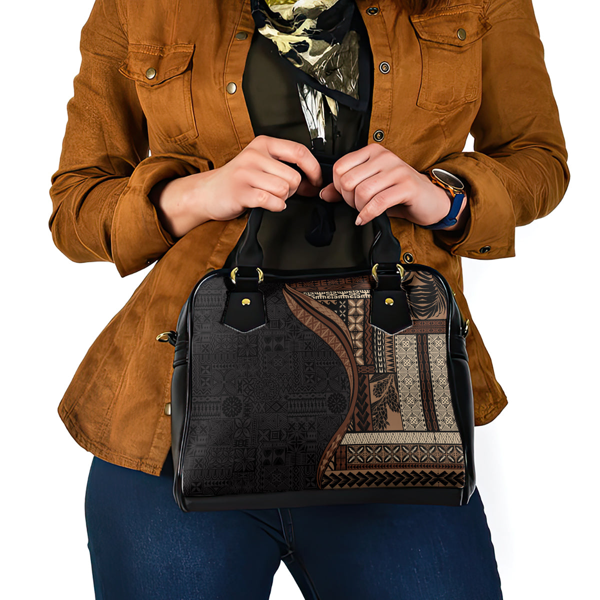 Samoa Siapo Motif and Tapa Pattern Half Style Shoulder Handbag Black Color LT03 - Polynesian Pride