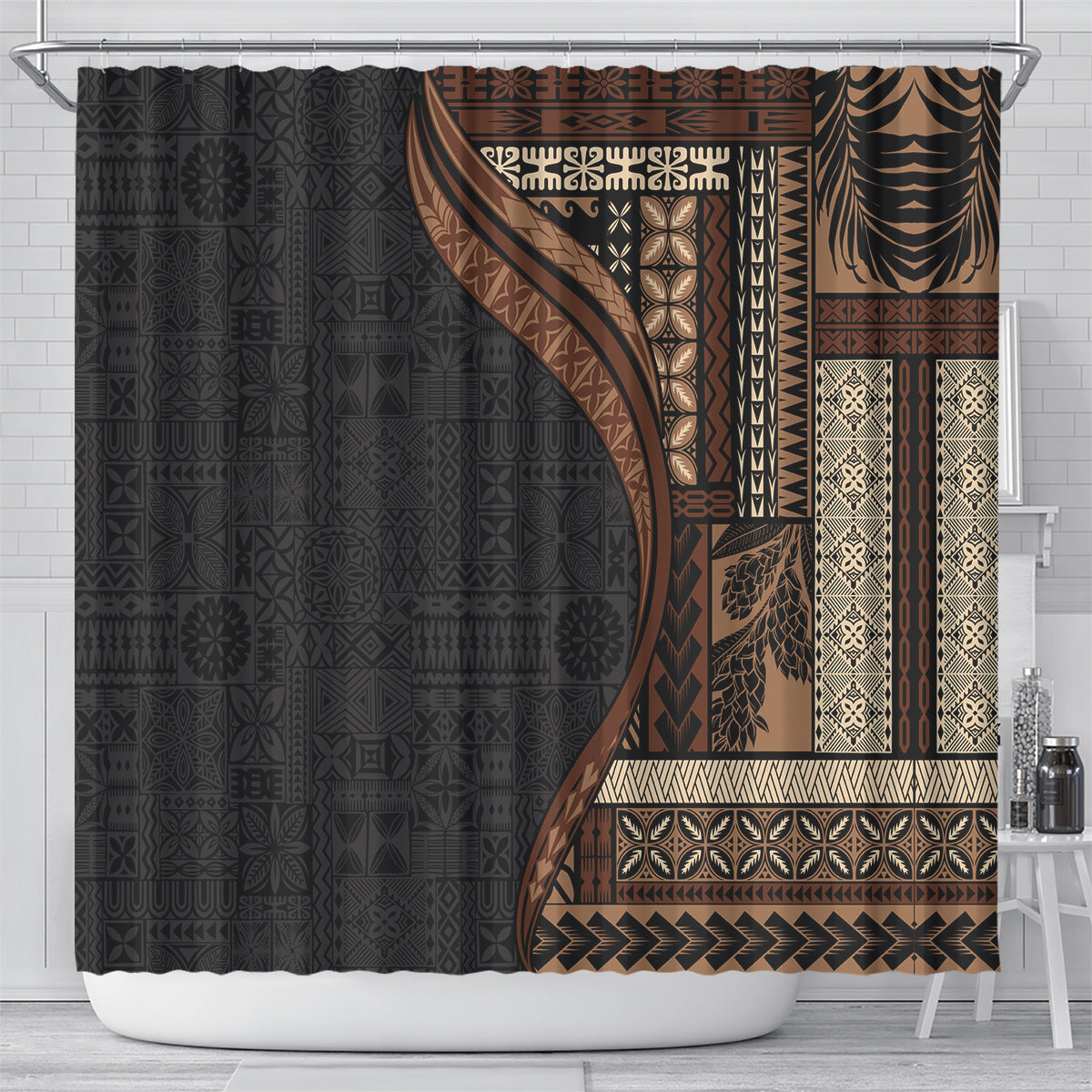 Samoa Siapo Motif and Tapa Pattern Half Style Shower Curtain Black Color LT03 - Polynesian Pride