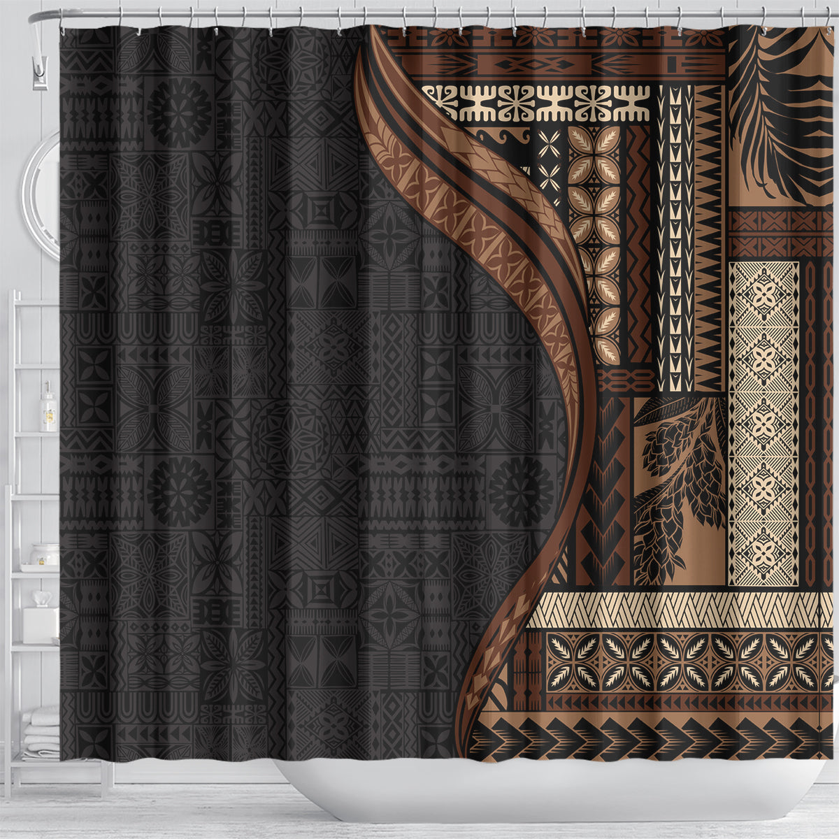 Samoa Siapo Motif and Tapa Pattern Half Style Shower Curtain Black Color LT03 - Polynesian Pride