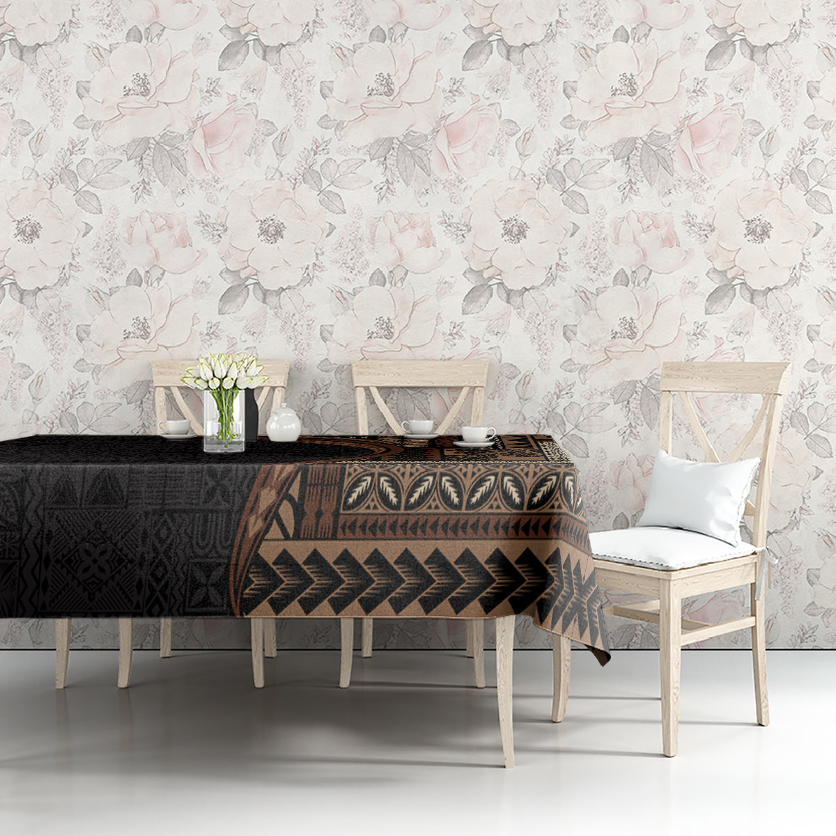 Samoa Siapo Motif and Tapa Pattern Half Style Tablecloth Black Color LT03 - Polynesian Pride