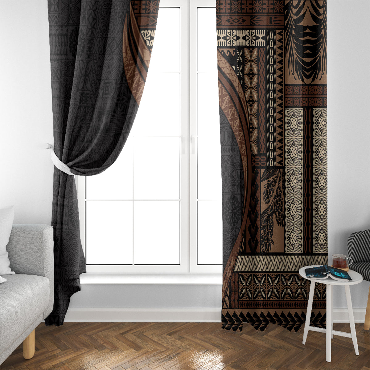 Samoa Siapo Motif and Tapa Pattern Half Style Window Curtain Black Color LT03 - Polynesian Pride