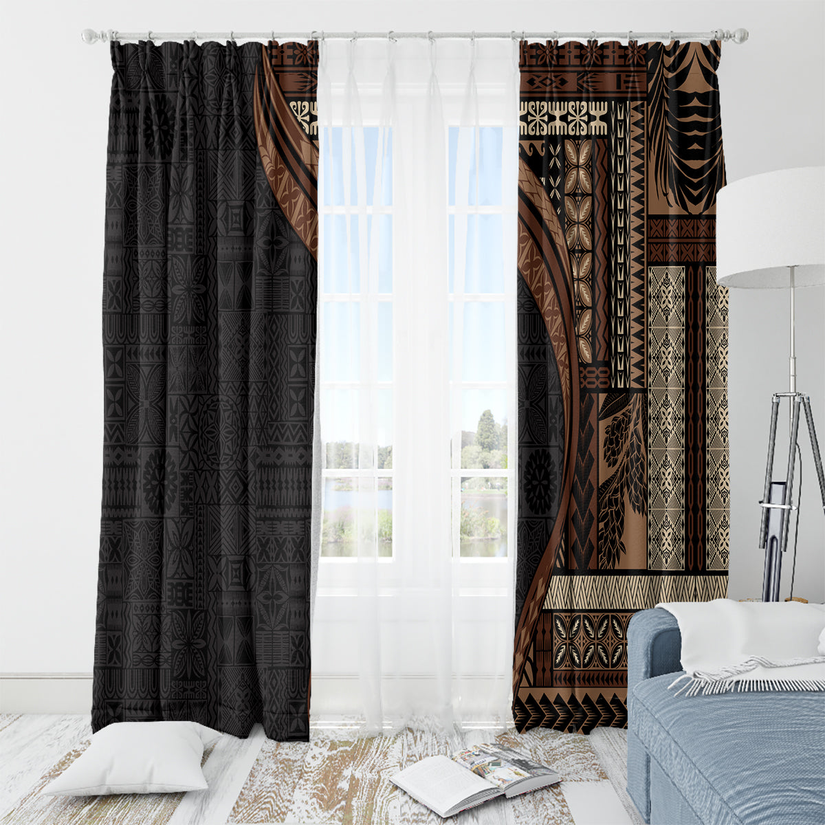 Samoa Siapo Motif and Tapa Pattern Half Style Window Curtain Black Color LT03 - Polynesian Pride