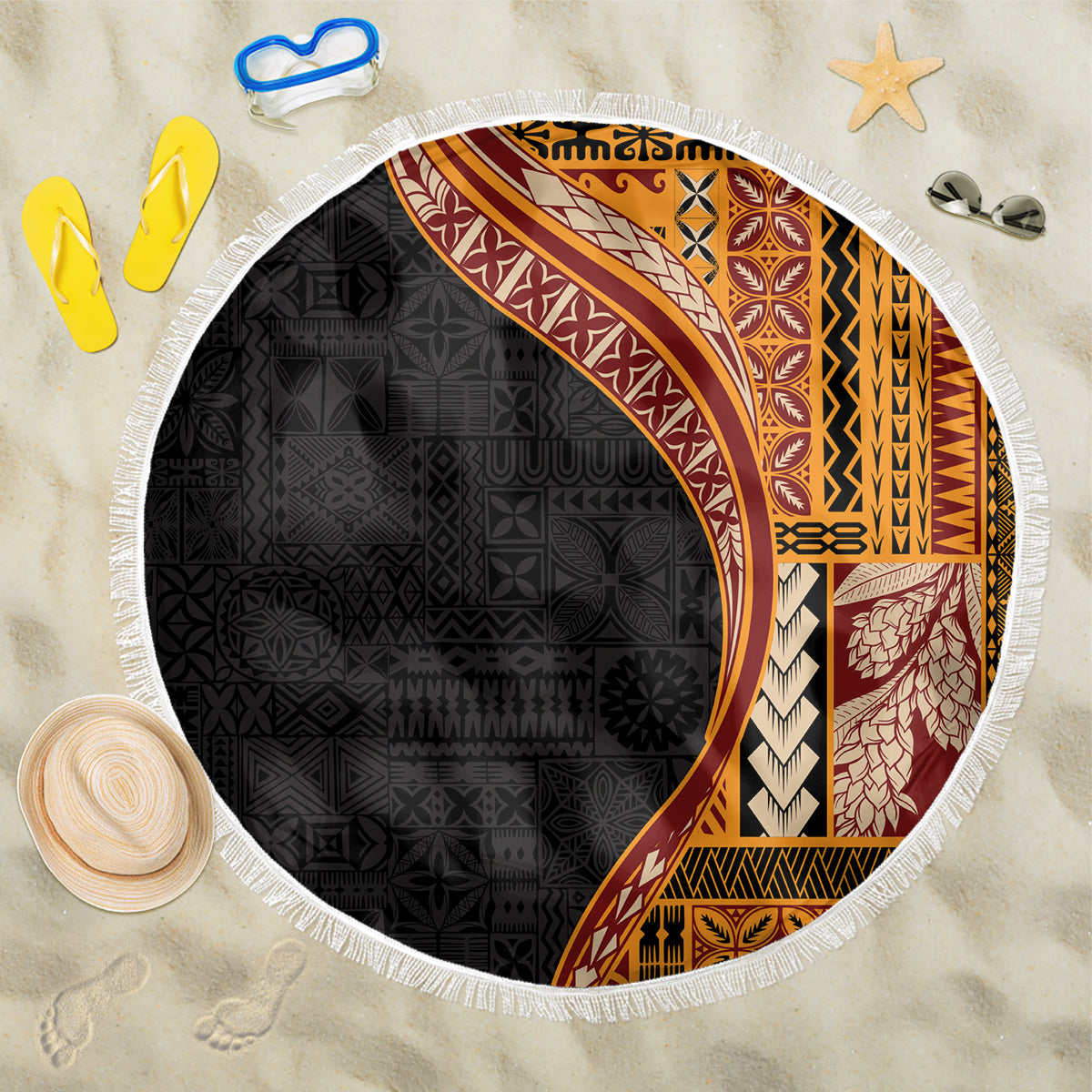 Samoa Siapo Motif and Tapa Pattern Half Style Beach Blanket Yellow Color LT03 One Size 150cm Yellow - Polynesian Pride
